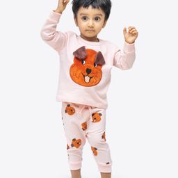 Ariel Pure Cotton Full Sleeves Dog Patch Embroidered Tee With Striped Joggers Set - Peach-image-97