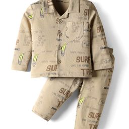 Doreme Single Jersey Knit Full Sleeves Co-ords Night Suit With Text Print - Tan-picture-16