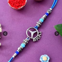 Ziory Silver & Blue Thread Mercedes Logo Rakhi With Roli and Chawal-image-14