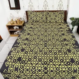 Marika Black & Yellow Geometric 180 TC Queen Bedsheet with 2 Pillow Covers-image-24