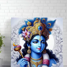 SAF Blue & White Lord Krishna Religious Printed Canvas Wall Art-6