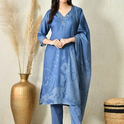 HARIKS Floral Printed V Neck Thread Work Linen Straight Kurta & Trousers With Dupatta-picture-8