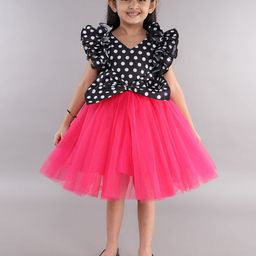 Pink Chick Girls Polka Dot Printed Flutter Sleeve Net Fit & Flare Dress-picture-7