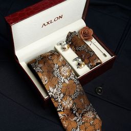 Axlon Men Mulberry Floral Tie, Cufflinks, Flower Pin & Pocket Square Accessory Gift Set-image-72