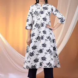 Charukriti Floral Printed Mandarin Collar Cotton A-Line Kurta With Trousers-picture-12