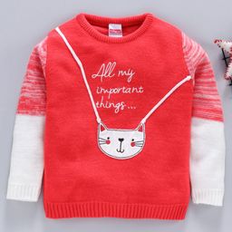 Babyhug Full Sleeves Sweater Kitty Patch - Coral White-image-93