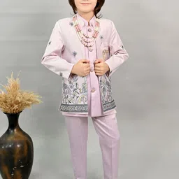 BT DEZINES Boys Peacock Floral Embroidered Satin Sherwani Set-picture-35
