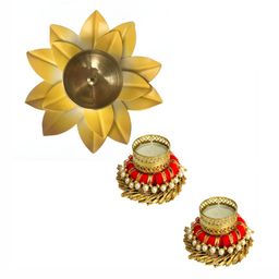 GADINFASHION 3Pcs Yellow & Red Akhand Jyoti Lotus Shape Diya & Tealight Candle Holders-picture-14