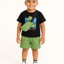 POP STREET KIDS Boys Dinosaur Printed Round Neck T-Shirt With Shorts-image-77