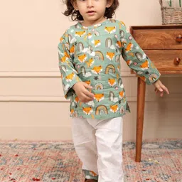 Polka Tots Boys Wolf Printed Mandarin Collar Pure Cotton Kurta With Trouser-image-32