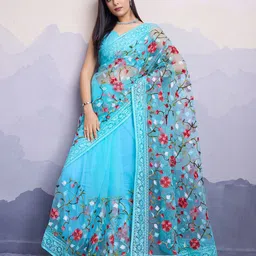 HERE&NOW Floral Embroidered Net Saree-image-89