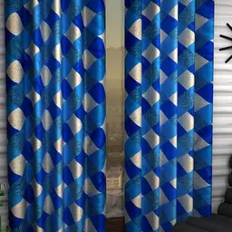 BELLA TRUE Blue And Beige 3 Pieces Geometric Printed Regular Door Curtains-image-0