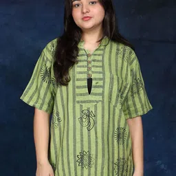 Exotic India Cotton Printed Auspicious Symbols of Hinduism and Front Pocket Short Kurti-image-52