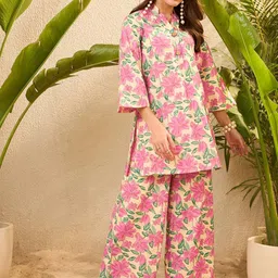 IMANA Tropical Printed Pure Cotton Mandarin Collared Tunic With Palazzos Co-Ords-image-5