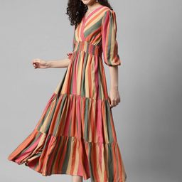 Raiyani Enterprise Women Colourblocked Striped V-Neck Tiered Fit & Flare Maxi Dress-picture-13
