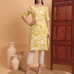 Anouk Rustic Yellow Floral Printed Round Neck Straight Kurta-picture-22