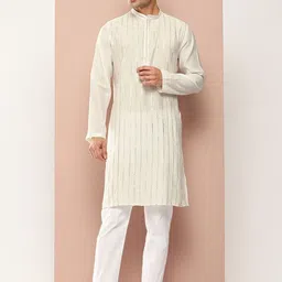 See Designs Striped Embroidered Sequinned Mandarin Collar Chanderi Silk Straight Kurta-picture-38