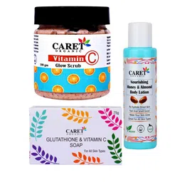 CARET ORGANIC Set Of 3 Vitamin C Glow Scrub With Honey Body Lotion & Vitamin C Soap-50