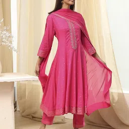 Biba Women Floral Embroidered Regular Thread Work Kurta with Palazzos & With Dupatta-image-10