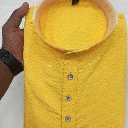 Men Chikan Embroidery A-line Kurta (Yellow)-image-82
