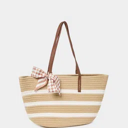 Styli Brown Striped Structured Jute Shoulder Bag-1
