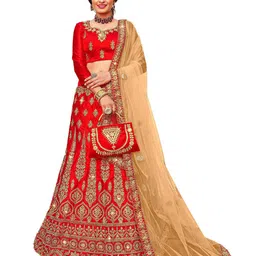 MANVAA Red & Gold-Toned Embroidered Thread Work Semi-Stitched Lehenga & Unstitched Blouse With Dupatta-0