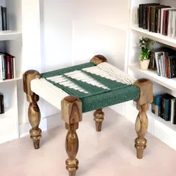 Ikiriya Green & White Wooden Square Stool with Rope Canning-image-15
