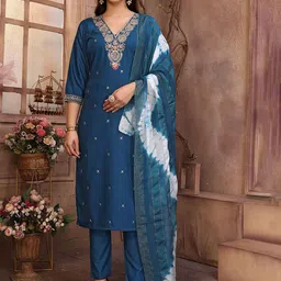Royal Export Women Floral Embroidered Regular Kurta with Trousers & With Dupatta-image-39