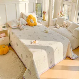 JC HOME Cream-Color & Violet Printed Double Bed Cover With Pillow Covers image 1