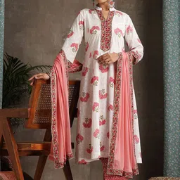 Khushal K Floral Printed Mandarin Collar Pure Cotton A-Line Kurta With Palazzos & Dupatta image 3