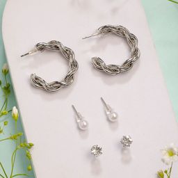 DressBerry Set Of 3 Silver-Plated Artificial Stones Studded Circular Studs-52
