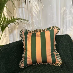 LUSHLYF Forest Flame Ruffle Peach-Coloured & Green Striped Cotton Square Cushion Cover-image-8