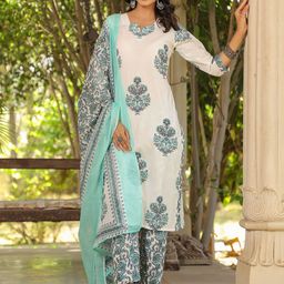 INCHEME Floral Printed Notch Neck Pure Cotton Kurta With Trousers & Dupatta-image-56