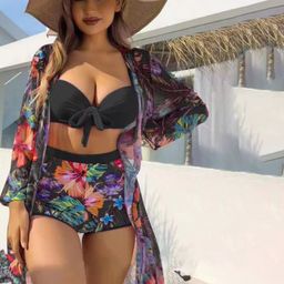 Plus Curvves Women Floral Printed Swimwear Coverup Set-image-83