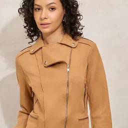SHOWOFF Women Solid Lapel Collar Windcheater Biker Jacket-53