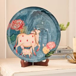 Devansh Pastel Pichwai Blue & White Printed Metal & Wood Wall Plate With Stand-10