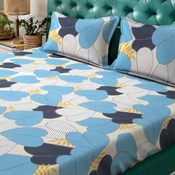 KLOTTHE Blue & White Floral Printed 300 TC Fitted King Bedsheet Set 2.50 m x 2.25 m-image-5