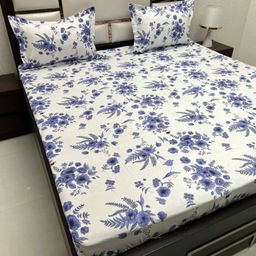 Pure Decor Blue & White Floral Queen Bedsheet with 2 Pillow Covers-image-89