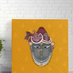 Livin'luxe Yellow & Grey Canvas Pichwai Cow & Shrinath Ji Religious Wall Art-image-98