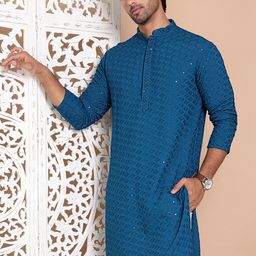 Anouk Blue Ethnic Motifs Embroidered Mandarin Collar Sequinned Straight Kurta-image-35