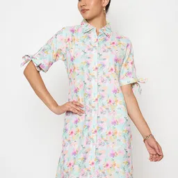Color Cocktail Women Floral Print Shirt Dress-image-97