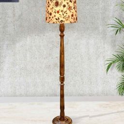 homesake Rustic Wood Floor Lamp in Walnut Brown with Multicolor Fabric Shade, Hurricane, Vine and Flowers-picture-5