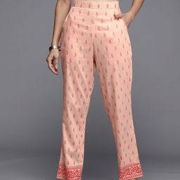 Libas Women Peach-Coloured Ethnic Motifs Printed Relaxed Straight Leg Loose Fit Trousers-image-41