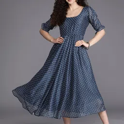 Inddus Blue & White Bandhani Printed Fit & Flare Midi Dress-image-4