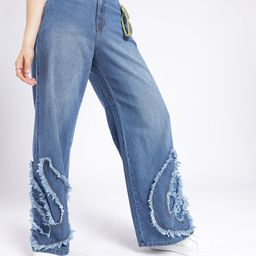 glitchez Women Savvy Baggy Wide Leg Light Faded Applique Frayed Jeans-image-49