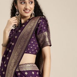 Inddus Purple & Golden Silk Blend Woven Design Banarasi Saree-image-14