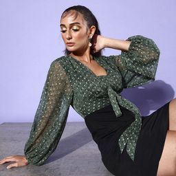 QUIERO Colourblocked Tie-Up Neck Puff Sleeve Bodycon Mini Dress-image-22