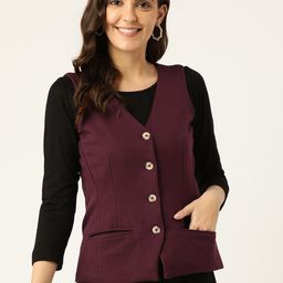BRINNS Women Burgundy Solid V-Neck Waistcoat-image-47