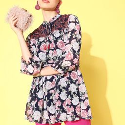 Nayam By Lakshita Floral Print Tie-Up Neck Puff Sleeves Georgette Longline Top-picture-45