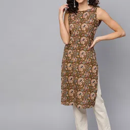 anayna Women Olive Brown & Cream-Coloured Floral Printed Straight Kurta-36